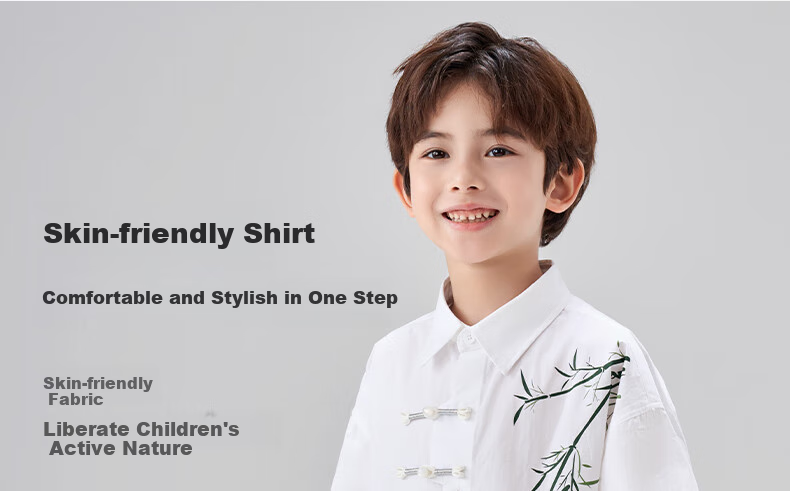 Luomeng Boys' Short-Sleeve Shirt, Chinese-Style Children's New Bamboo Shirt, Boys' Summer Top for Older Kids, White, Size 130 5