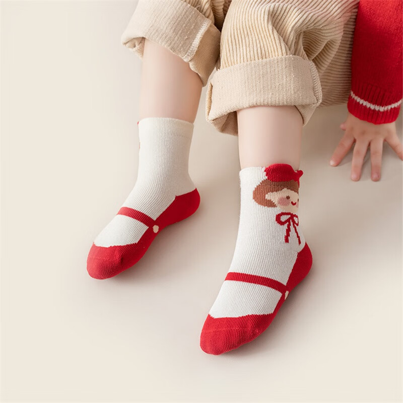 Caramella Girls' Socks Autumn Winter Xinjiang Cotton New Year Red Cartoon Baby Mid-Calf Socks Cute Skin-Friendly Children's Socks
