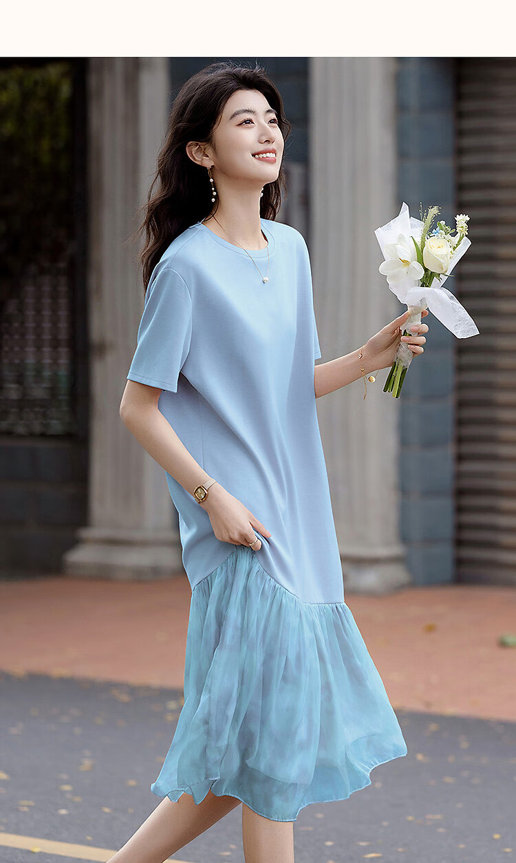 Demana Weekend Casual Summer French Style Round Neck Loose Waist Short Sleeve Printed Patchwork T-Shirt Dress for Women 17