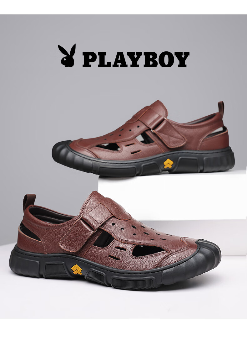 Playboy Men's First Layer Cowhide Hollowed Out Sandals Open Toe Genuine Leather Business Middle-aged and Elderly Dad Sandals Black Size 42 10