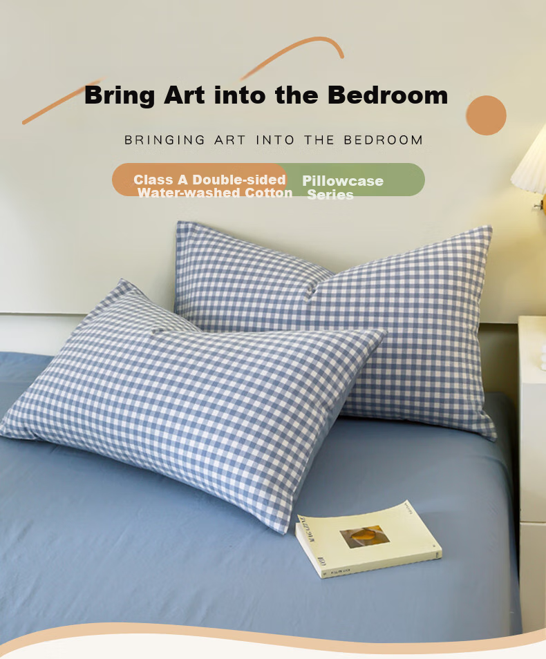 Hodo Class A Pure Cotton Pillowcase Set of Two, All-Cotton Woven Pillow Cover, Thickened Inner Liner, 48x74cm, Blue Plaid 1