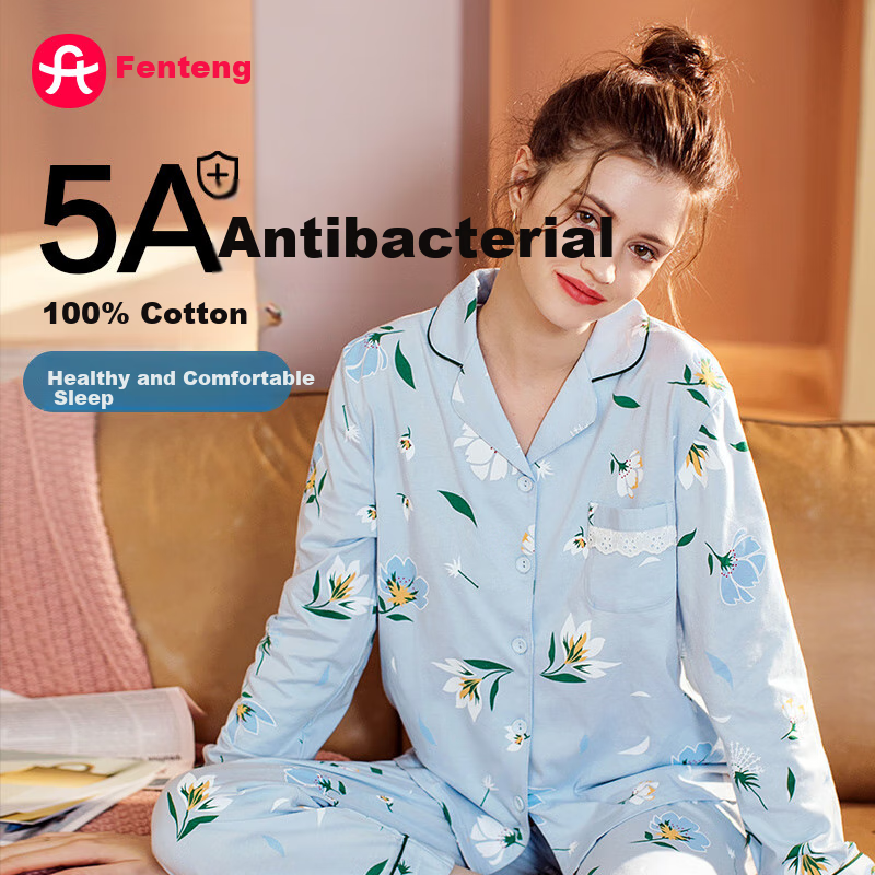 Женская пижама Fenteng, комплект из 100% хлопка, весна-осень, с длинным рукавом, лацканами, антибактериальная, размер 2XL