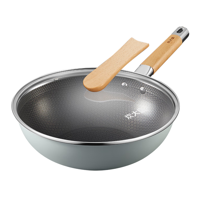 COOKER KING Wok, 316L Stainless Steel Frying Pan, Non-Stick Flat Bottom Pan 32cm, Visible Lid, Suitable for All Stoves