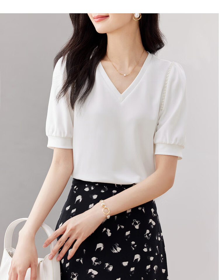 Sentubila Summer Short-Sleeve T-Shirt for Women, Romantic Lace Trim Puff Sleeves V-Neck Slimming Women's Top, Black, S 16