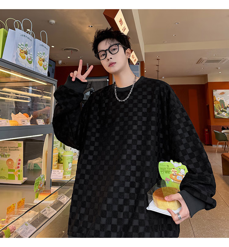 Dingfengbaoluo Japanese-Style Plaid Crew Neck Sweatshirt for Men, Spring Loose-Fitting High-End Casual Base Layer Top DFL77 Black XL 14