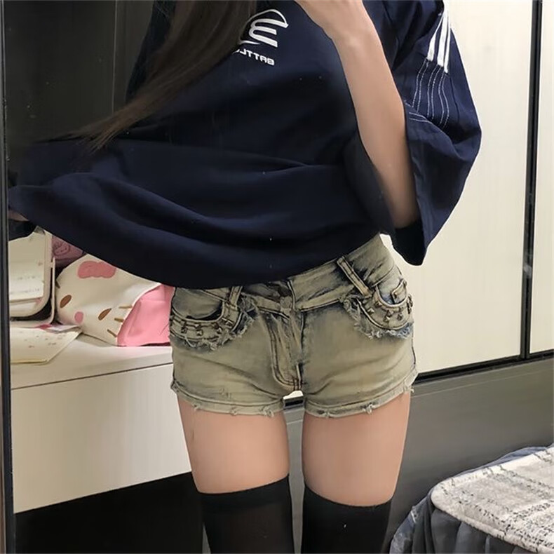 LangSha Low-Rise Denim Ultra-Short Pants for Women, 2025 Summer New Style, Hot Girl Willow Slim-Fit Bodycon Wide-Leg Hot Pants 12