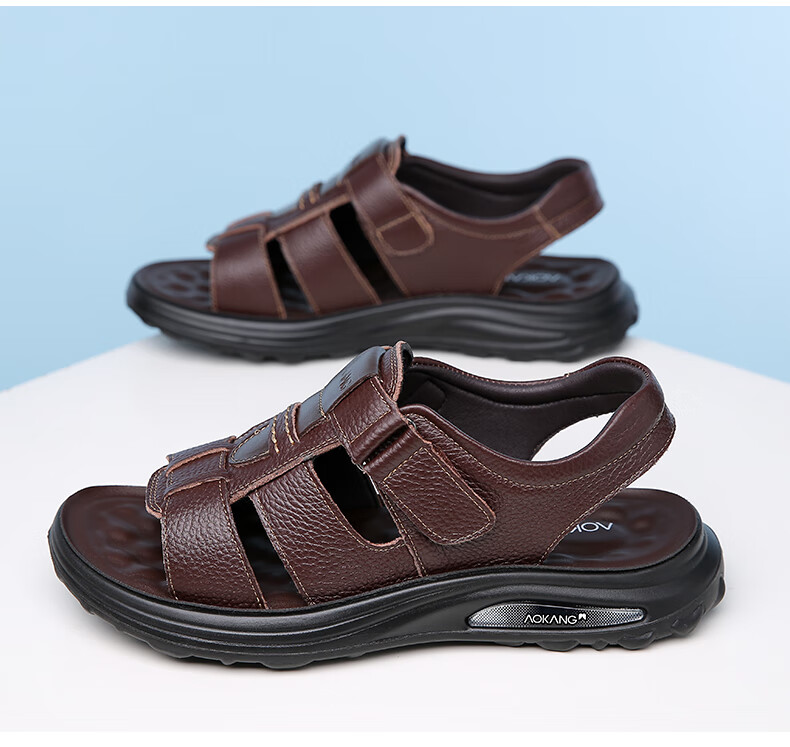 Aokang First Layer Cowhide Men's Sandals Beach Shoes Cowhide Trendy Middle-aged and Elderly Dad Leather Sandals Black 41 13