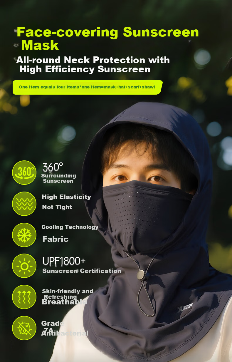XTEP Sun Protection Face Shield, UV-Resistant, Cycling, Motorcycle Helmet Baffle, Windproof Full-Face Ice Silk Breathable Mask, Men's Summer Gray 3