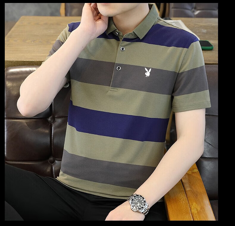PLAYBOY Men's Short Sleeve T-Shirt Summer Casual Polo Shirt Comfortable Breathable Half Sleeve Plaid Polo Shirt Green 2XL 7
