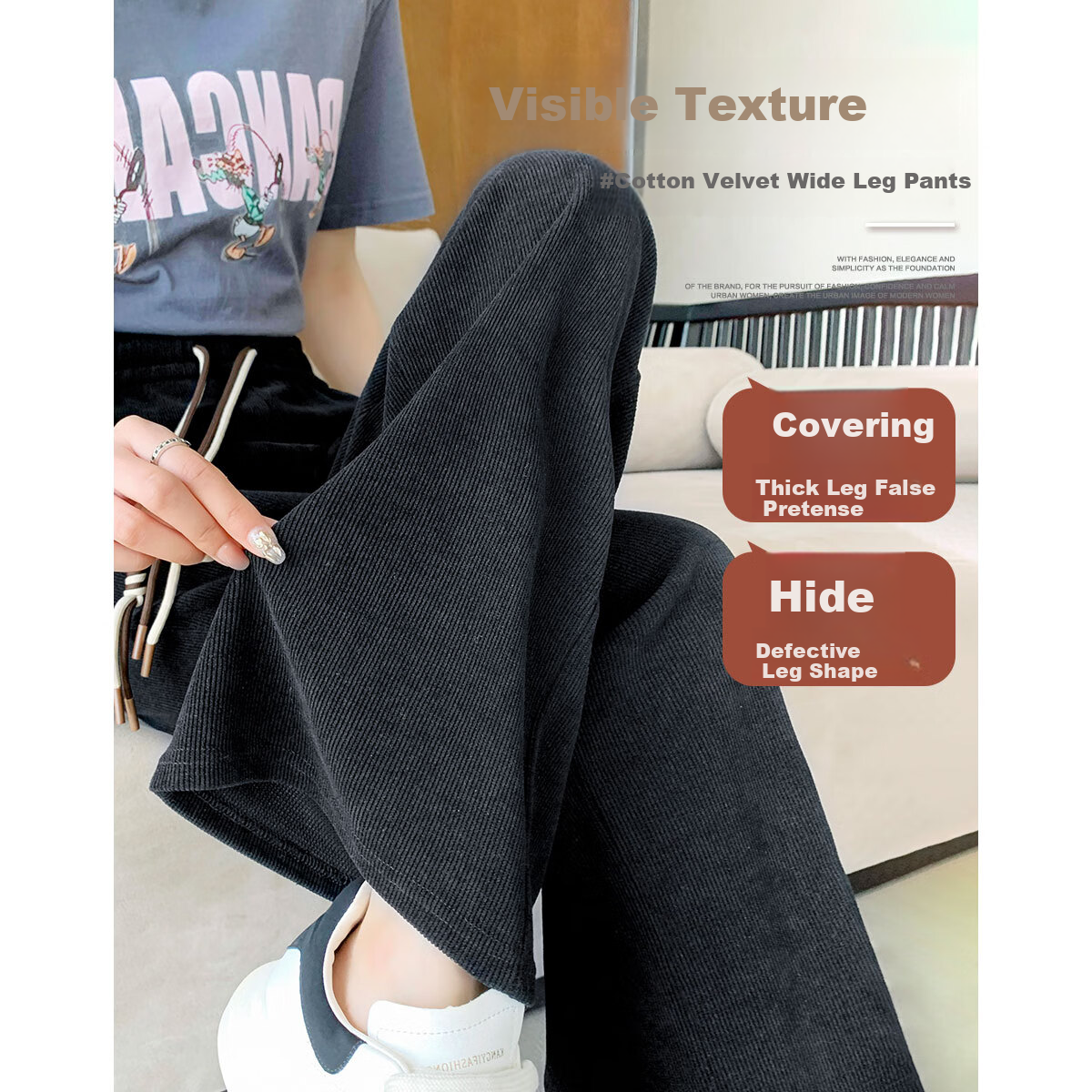 Dme [Cotton Velvet Wide-Leg Casual Pants], Autumn Mid-Rise Elastic Waist Trousers, Loose Women's Pants, Black, M