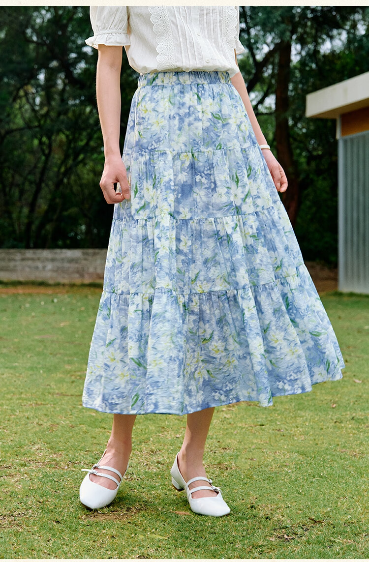 Inman Vacation Style Seaside Print Dress Summer Women's Square Neck Puff Sleeve Waist Cinched Long Dress Glaze Blue S 19