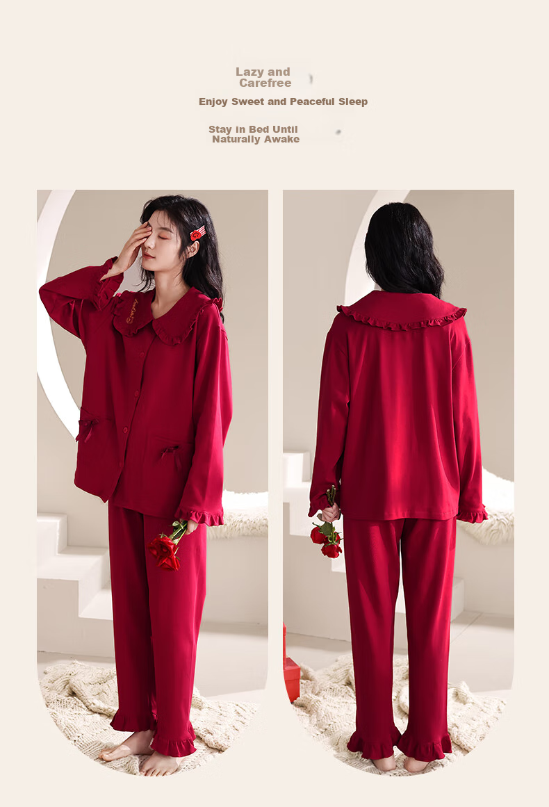 Yiduo Wedding Couple's Pajamas, Women's Autumn And Winter Pure Cotton Long-Sleeve Red, Zodiac Year, Men's And Women's Festive Home Wear Set 19