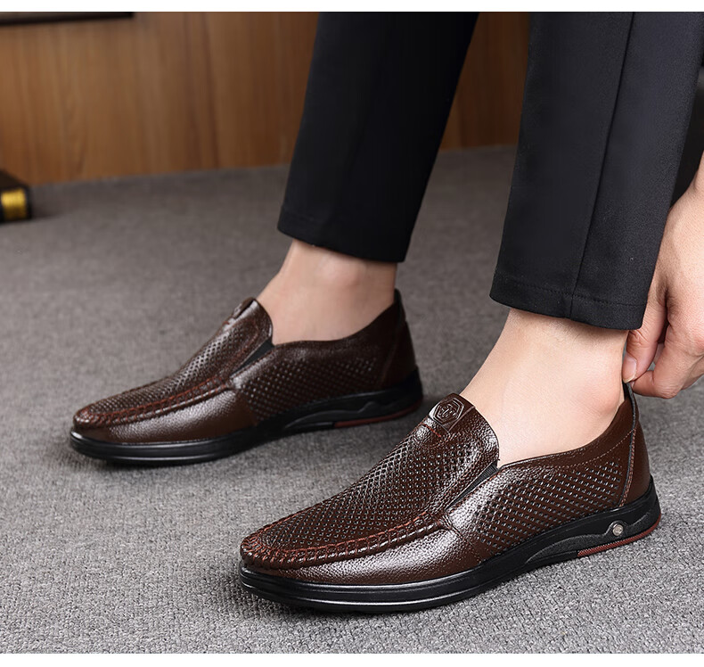 MEXICAN Business Casual Top-Grain Leather Shoes, Men's Formal Shoes, Hollow Breathable Slip-On Loafers, Large Size Shoes, Black, Size 41 6