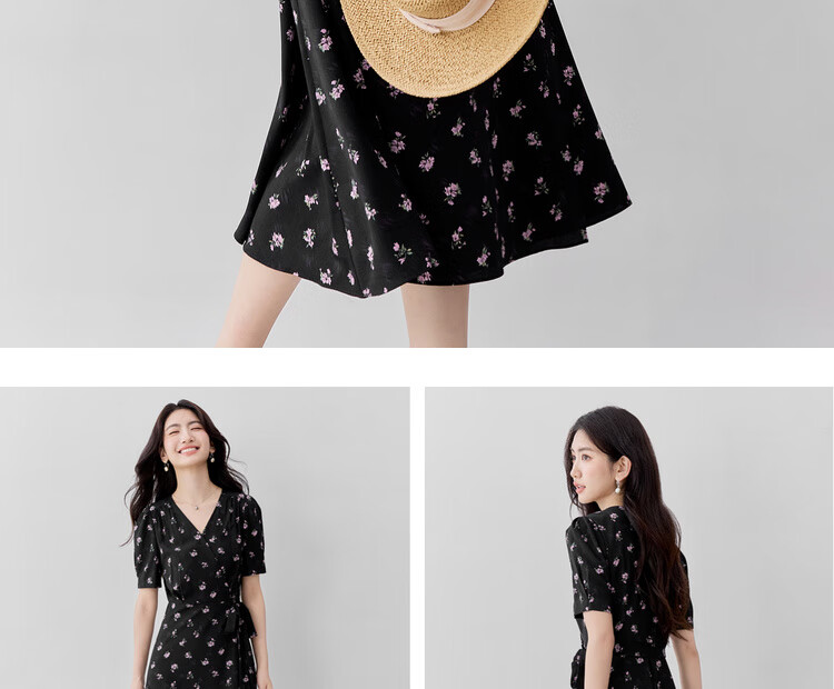 Shangdu Bila V-Neck Short Sleeve Printed Dress Women Summer Waist Slimming Tea Break Floral Elegant Commuter Mid-Length Dress 19