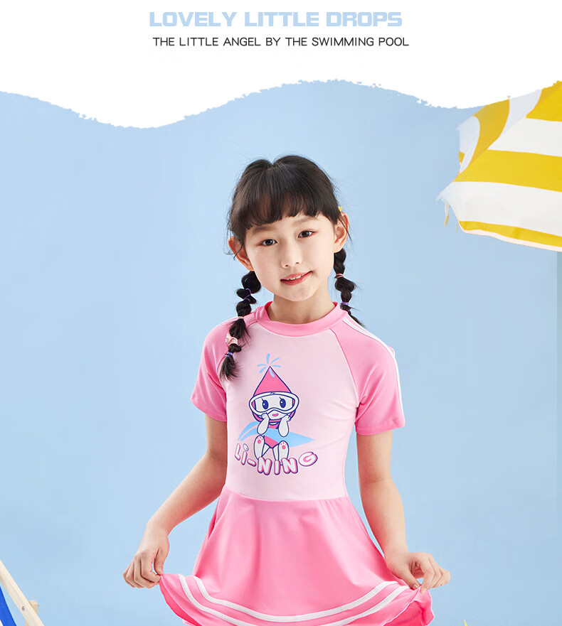 Li-Ning Children's Swimsuit, One-Piece Dress Style for Girls, Comfortable Square-Leg Design, Quick-Drying, Suitable for Swimming, Beach, And Hot Springs 14