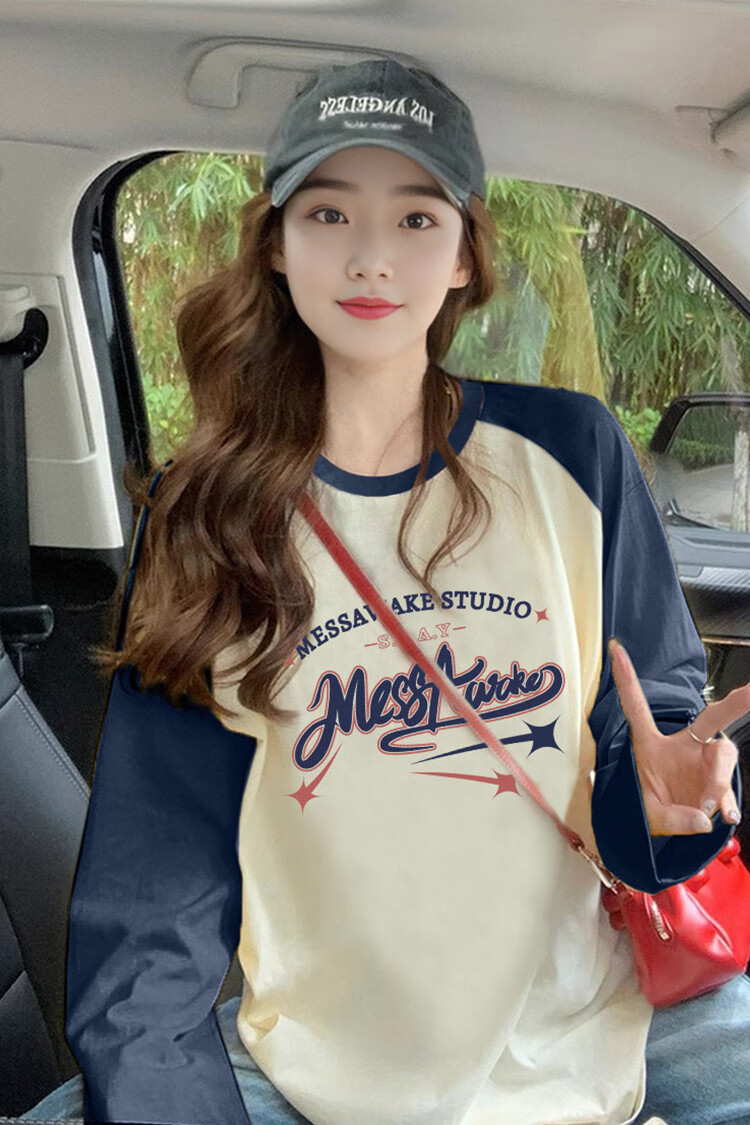 TonLion 2026 Autumn And Winter Long-Sleeve T-Shirt for Women, Round Neck, Raglan Sleeve, Front Chest Lettering, High-End Feel 1