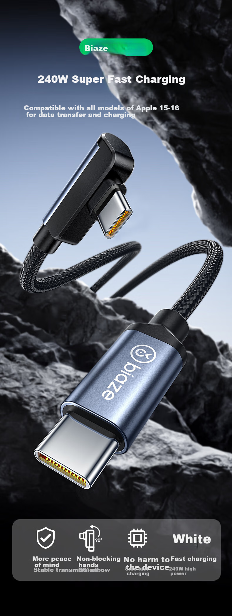 BIAZE Dual Type-C Charging Cable, 240W Fast Charging Cord, Car Adapter Data Cable for AVS, Compatible with Apple IPhone 18/17/16/15, Huawei, Xiaomi, Android Phones, IPad Tablets 1