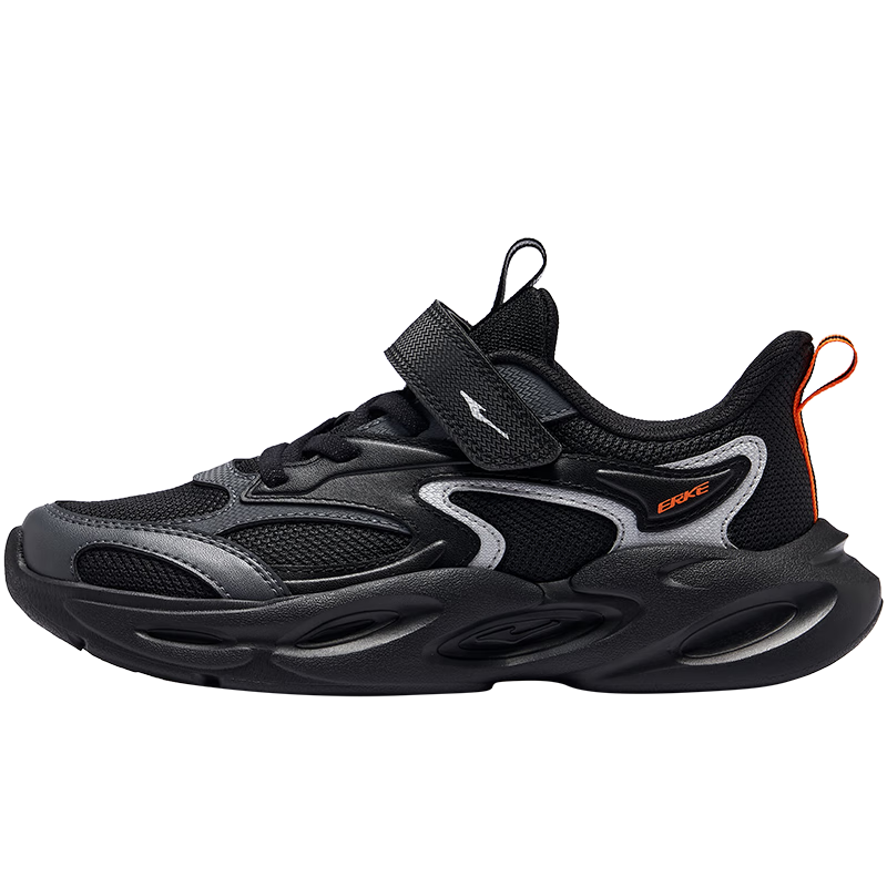 ERKE Children's Shoes, Casual Shoes for Boys And Girls, Leather Upper Mesh Running Shoes for Kids, Black/carbon Gray, Size 35