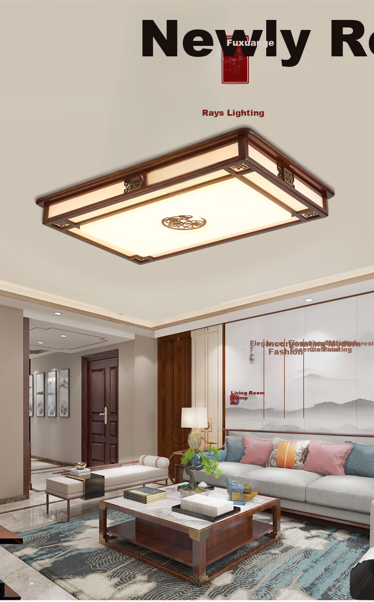 NVC New Chinese-Style Ceiling Light, Three-Color Dimming, 36W, Ink Blue Mountain Classical Wood Art, Antique Style Bedroom Lighting Fixture 1