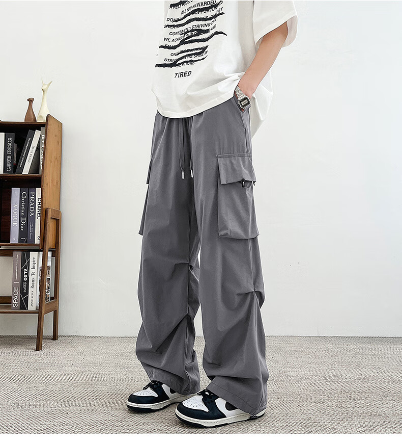 Homlean American-Style Wide-Leg Cargo Pants for Men, Summer Straight Loose Paratrooper Functional Tactical Casual Trousers KMX06 Black L 9
