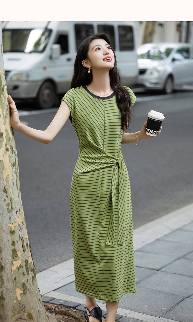 Dme [Skin-friendly Cloud Oxygen Cotton] Summer Color-block Crew Neck Side Tie Waist Cover Sleeve Striped Knit Women's Dress 13