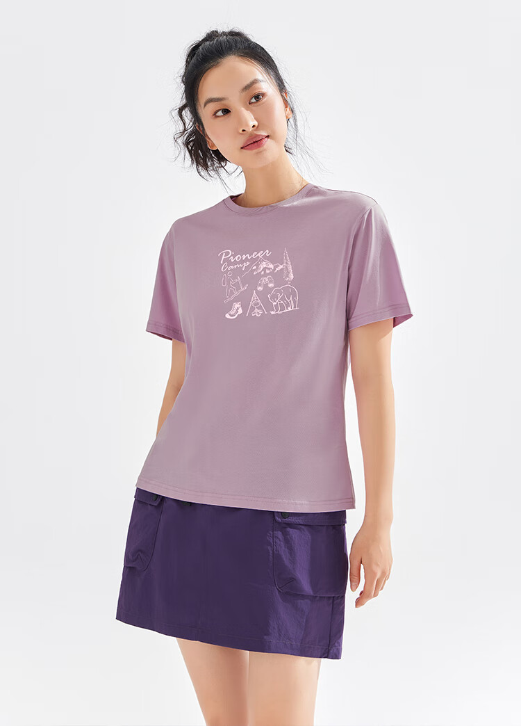 Toread Women's Pure Cotton T-Shirt Summer New Trendy Printed Short Sleeve Casual Drop Shoulder Crew Neck Base Shirt Milk Apricot XL 13