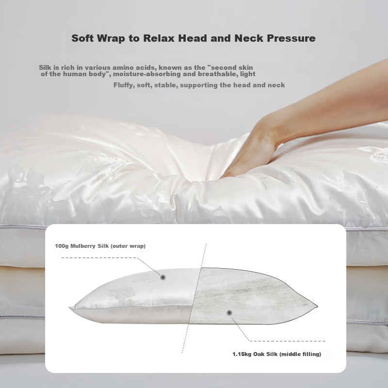 Ciyun Huagu Peony Silk Pillow, Pure Silk Pillow Core 100% Silk Filling, Net Weight 2.5 Jin (1.25 Kg), 48*74cm