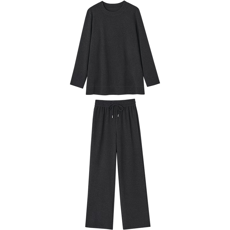 Dme 【I Style Set】Autumn Elegant Round Neck Side Slit Top with Elastic Waist Long Pants Petite Women's Two-Piece Set