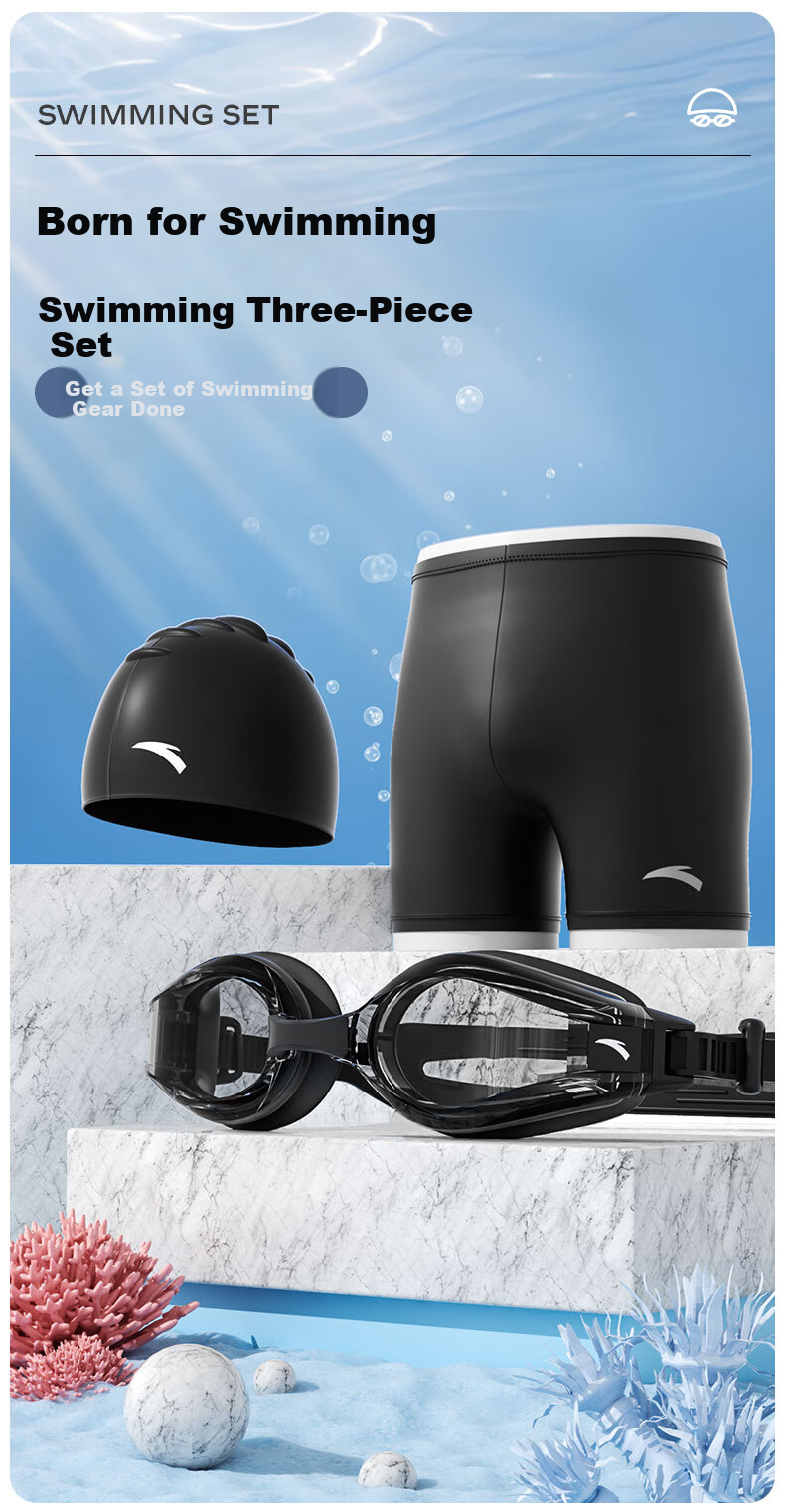 ANTA Men's Swim Trunks Swimming Set with Nearsighted Swimming Goggles And Swim Cap, Flat-Angle Swim Shorts Three-Piece Set Men's Sports Equipment Black 3XL 1