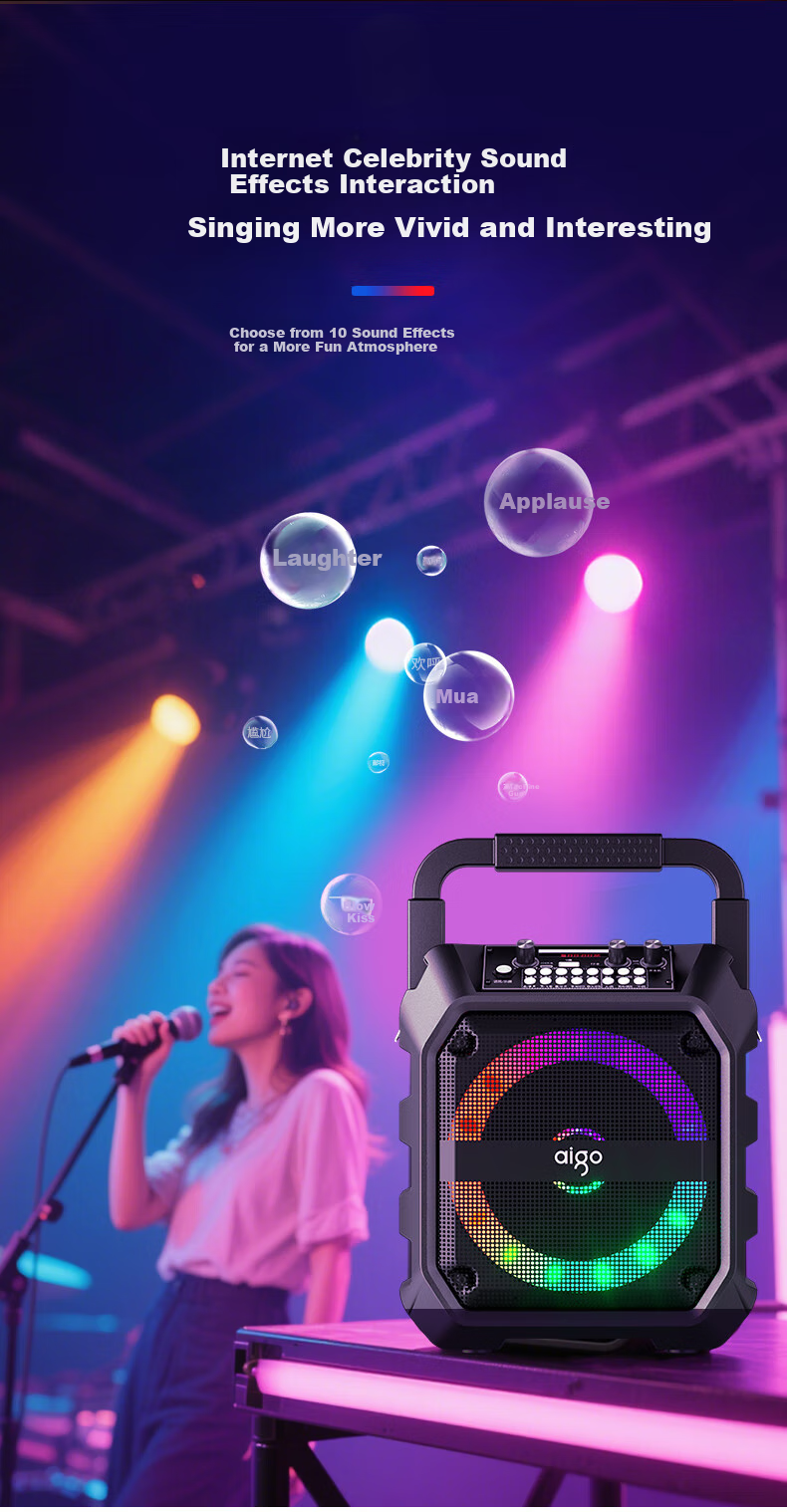 Aiguozhe T52 Max Bluetooth Speaker with High Volume, Portable, Outdoor Karaoke, Square Dance Sound System, Large Loudspeaker, Wireless Payment Speaker with Microphone, Colorful Light Effects, Subwoofer, Dual Microphones 6