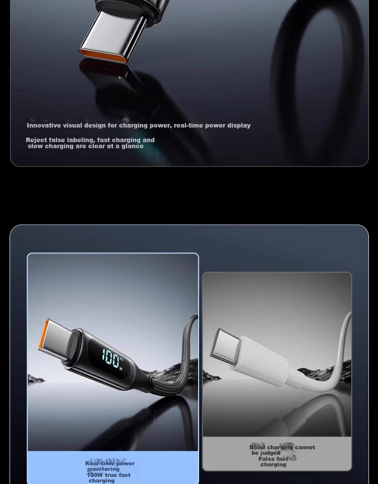 Nengshi Dual-Head Type-C Data Cable, PD100W/80W Fast Charging Cable, Tungsten Gold Digital Display, Suitable for Apple 16/15/Huawei Xiaomi CtoC, Tablet Car Charger, 2 Meters 9