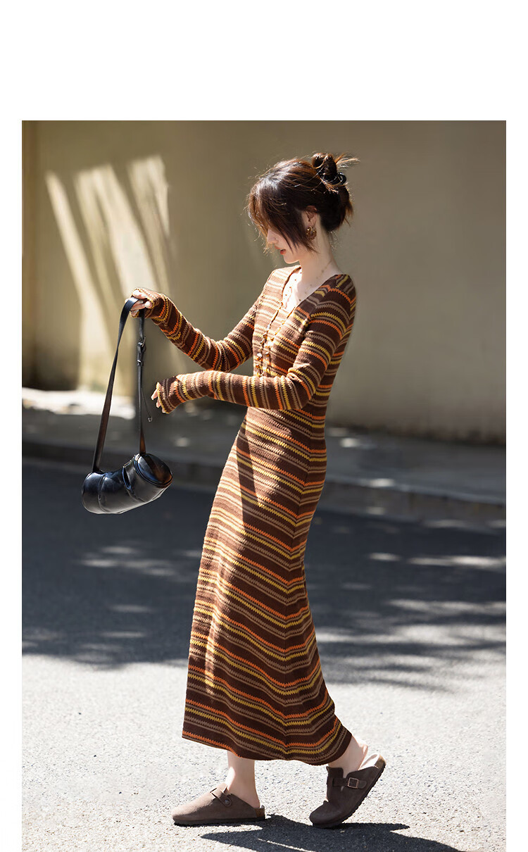 Dme [Retro Hot Girl] Autumn American College Striped Jacquard Slim-Fit Petite A-Line Elegant Women's Dress 2