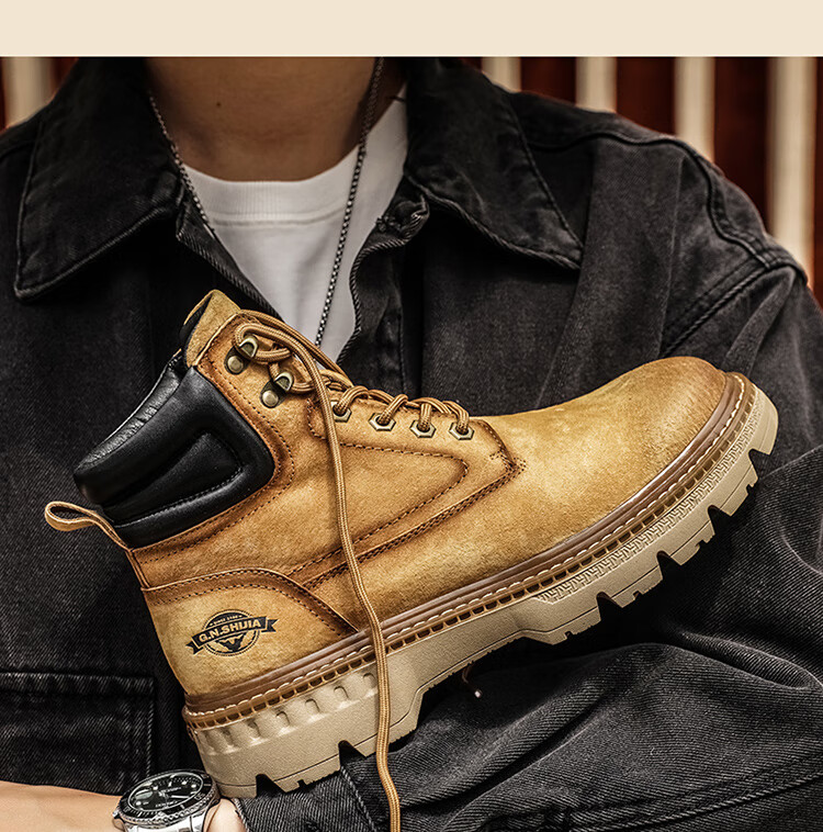 Bull Family Martin Boots Men Autumn Winter New Genuine Leather Yellow Boots Fashion Retro Versatile Work Boots Outdoor Hiking Shoes 7