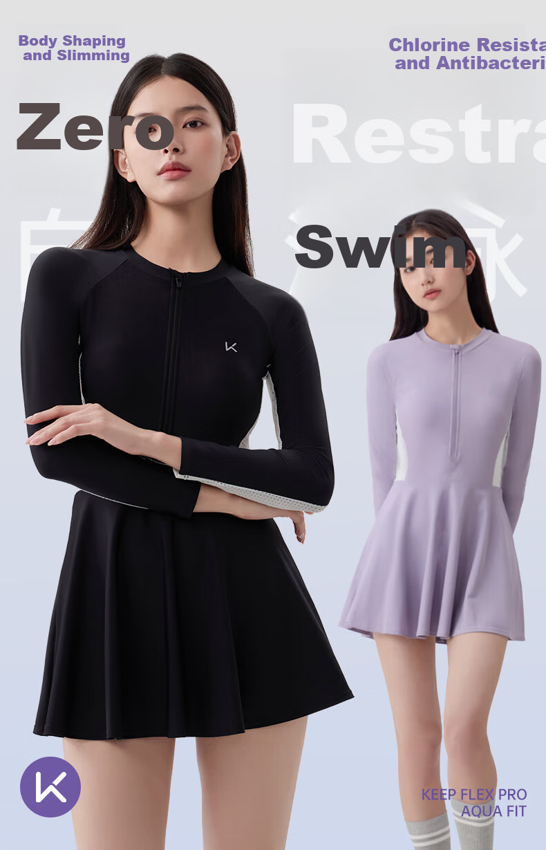 Keep Swimsuit, Women's One-Piece Long-Sleeve Dress-Style Professional Swimwear, Plus Size Hot Spring Swimwear, 113 Purple, M 1
