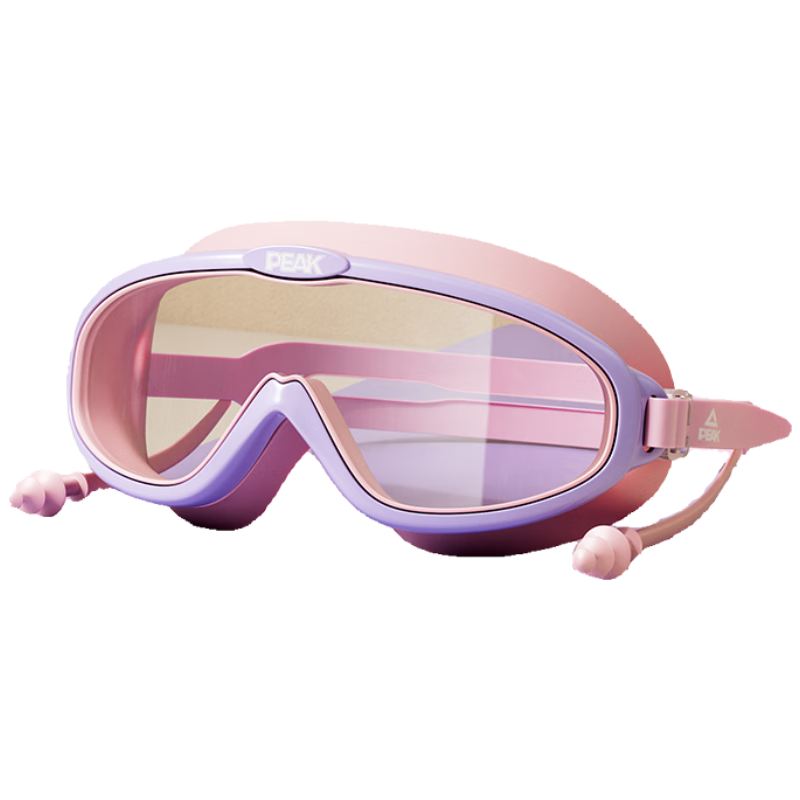 Peak One-Piece Earplug Kids Swimming Goggles Unisex Large Frame HD Anti-Fog Waterproof Transparent Swim Glasses Pink Purple