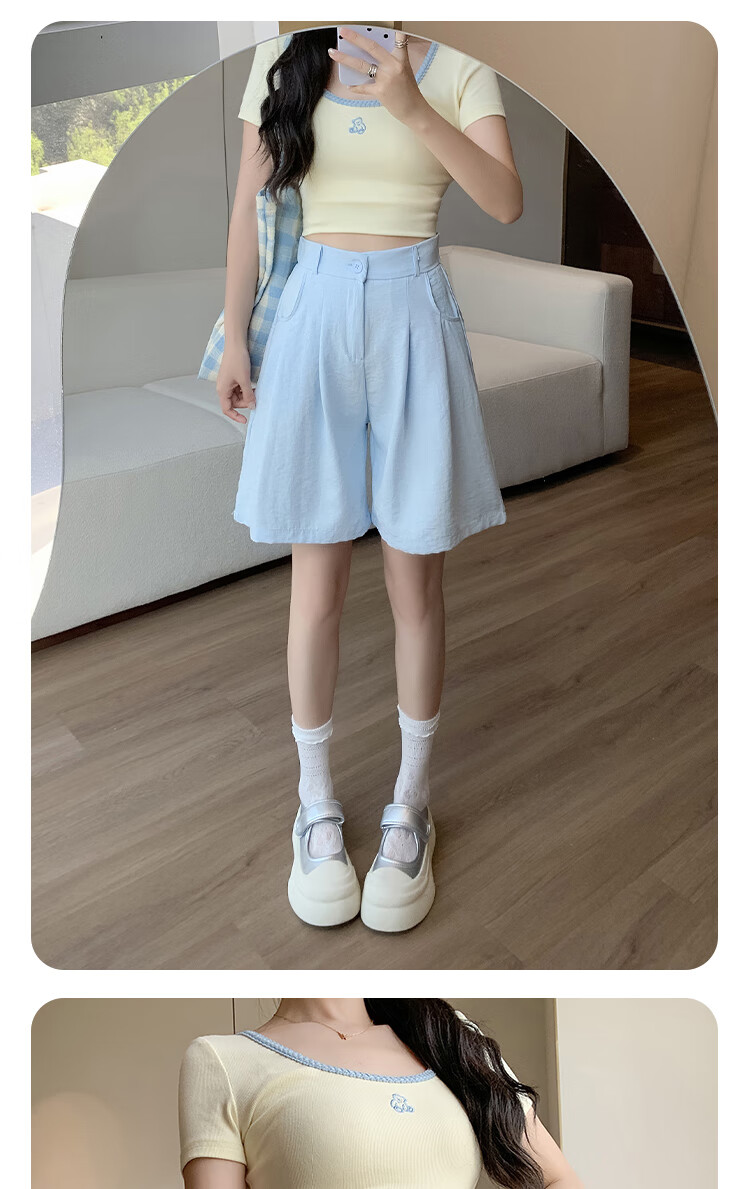 XUEXIMAN Puff Suit Shorts for Women, New Summer 2026 Style, Casual High-Waisted Draping Straight-Leg Slimming Wide-Leg Knee-Length Shorts 12