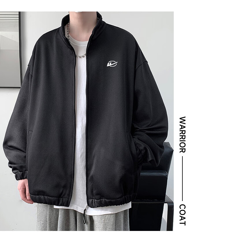 Huili Men's Jacket, Autumn Casual Simple Coat, Twill Stand Collar, Windproof Loose Versatile Outerwear for Men, Black, 3XL 16