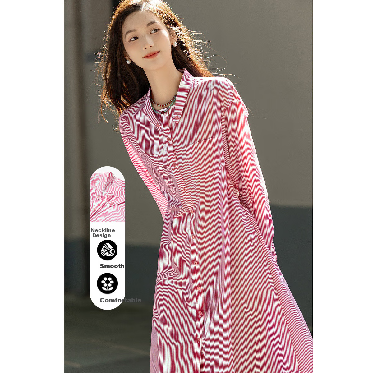 Dme Simple Style Stand Collar Comfortable Cotton Straight Loose-Fitting Dress Shirt-Style Dress for Women, Pink, S