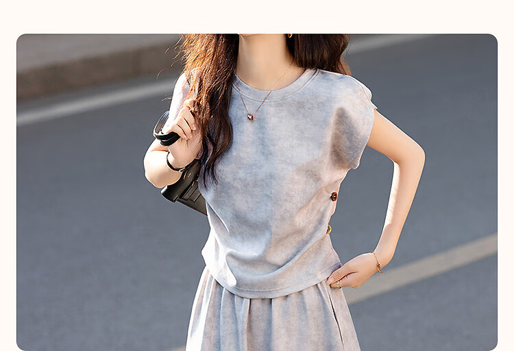Demana Gradient Print Set Summer Elegant Round Neck Flutter Sleeve Top with Pleated Buttoned Flared Skirt Women's Two-Piece Set 4