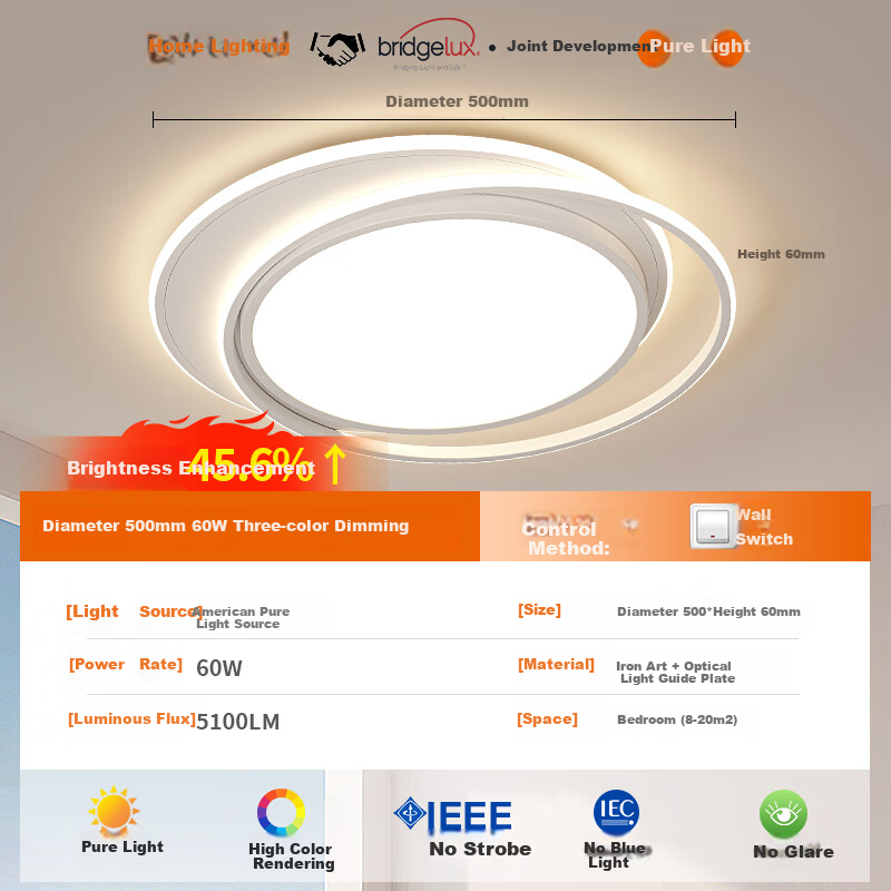 GUJIA LED Ceiling Light Nordic Style for Bedroom And Living Room Eye Protection Puri Light Source Lamp 50cm Round - Three Color Lights [Installation Included]