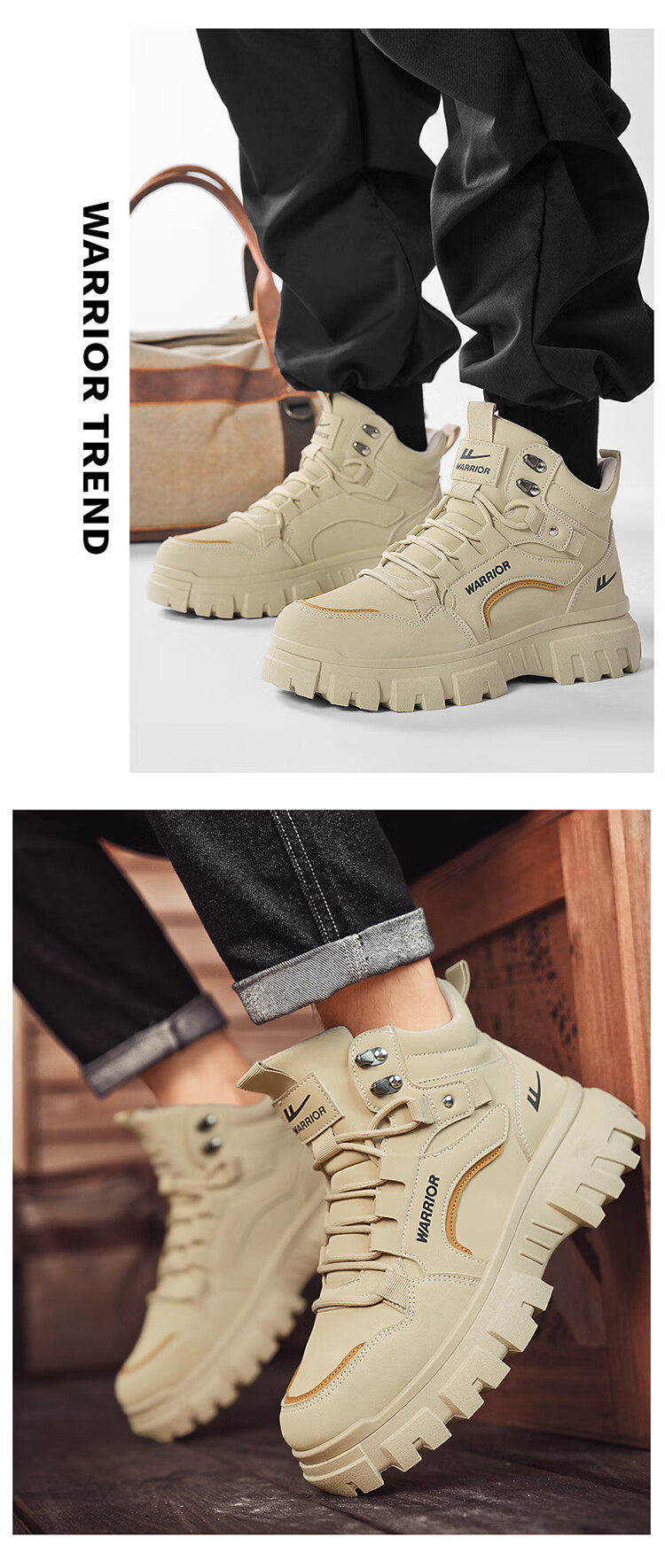 Warrior Martin Boots Men's Autumn Winter New Casual Thick Sole High Top Work Shoes Black Gray 41 5
