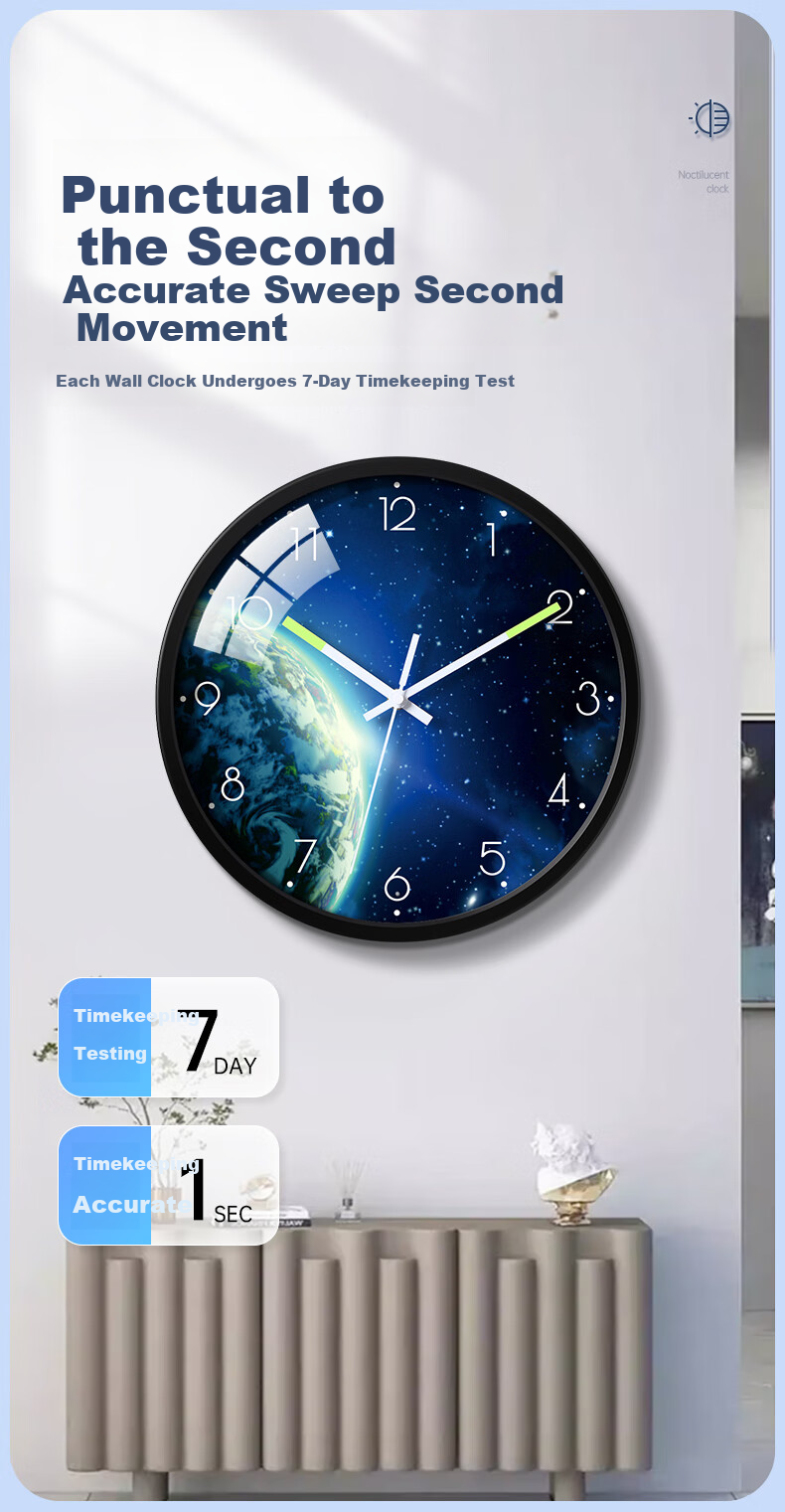 BBA Wall Clock, Creative Night Light, Living Room Wall-Mounted, Home Use Luminous Wall Clock, Bedroom Timepiece, Moon - Ambient Light, 30cm 7