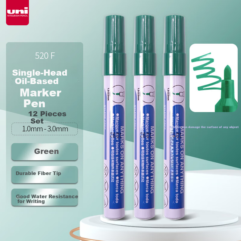 Uni Mitsubishi Oil-Based Marker 520F Round Tip Wedding Signature Pen, 1.0-3.0mm Green, Pack of 12