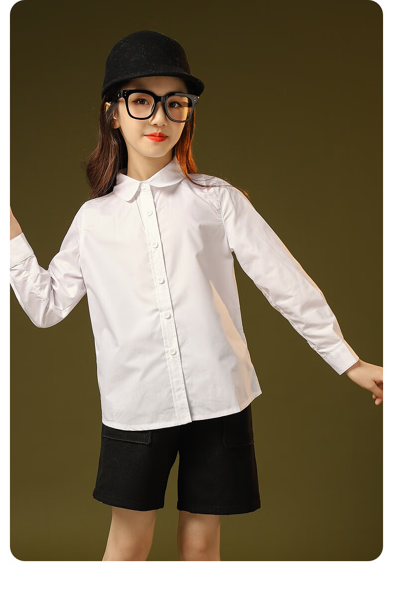 Fulomi Girls' Shirt Spring Autumn Fashion Versatile White Top School Performance Long Sleeve Shirt Large White 140 8