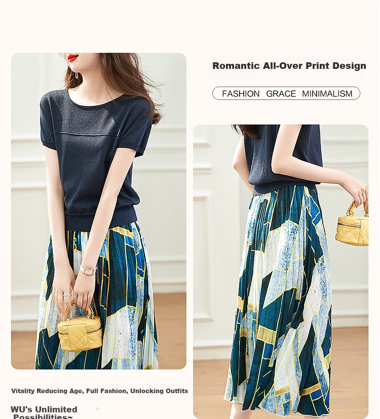 Dme [Intelligent Outfit] Spring And Autumn Linen Gold And Silver Thread Top with Printed Skirt Two-Piece Set, Fashionable Women's Wear 5
