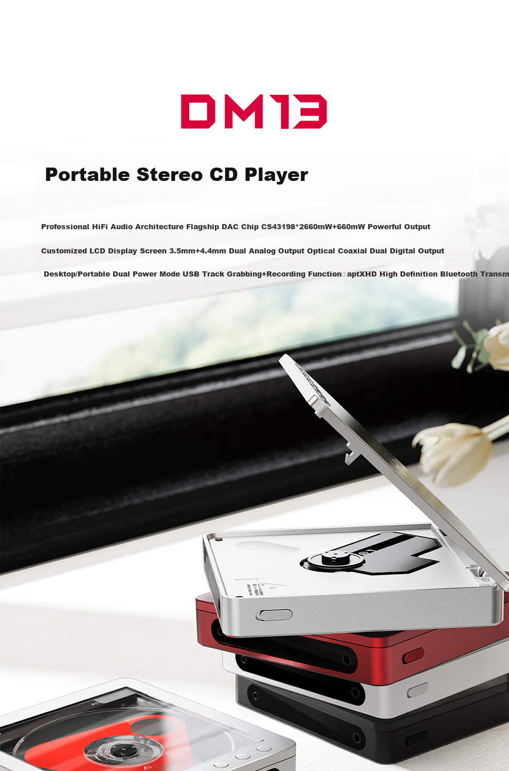 FiiO DM13 Portable HiFi Stereo 4.4 Balanced CD Player, Soundbar, Supports Track Capture Transcription, Aptxhd Bluetooth Transmission, Silver Bluetooth Versio 3