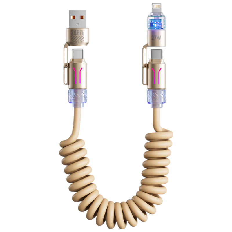 Beimo Glowing Four-in-One Spring Scented Core Data Cable 240W Fast Charging Car Projection Compatible with Apple 17/Huawei/Xiaomi/Honor/Vivo/Oppo 2m Gold