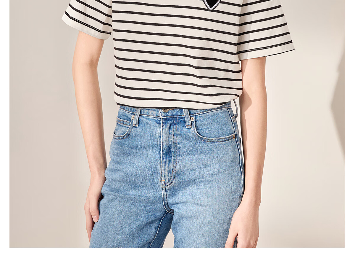 Chushen Summer Short-Sleeve T-Shirt for Women, Fashionable Versatile Round Neck Heart Logo Striped Pure Cotton Half-Sleeve Top S13KT1172 7