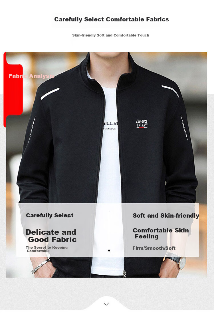 JEEP SPIRIT Men's Jacket, Spring Trendy Casual Outerwear, Men's Cardigan Stand-Collar Sweatshirt, Men's Clothing, Black, XL 2