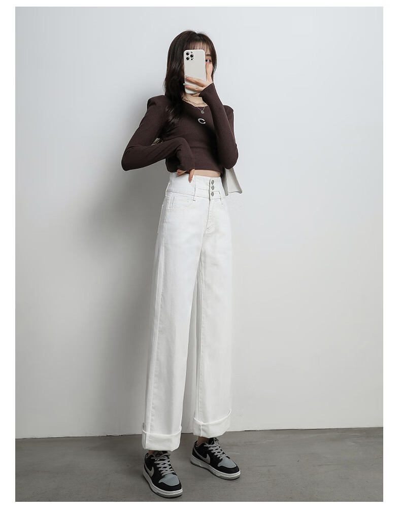 Romon [Cotton Stretch] Women's Summer High-Waist Slim Fit Simple Casual Loose Wide-Leg Jeans Dark Blue S 22